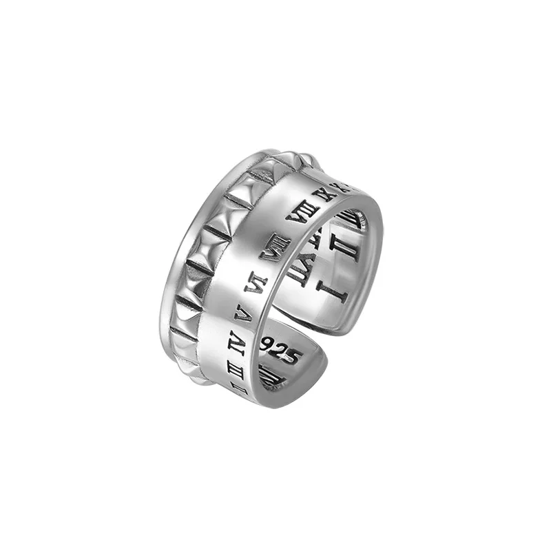 Anillo de escala de números romanos de plata de ley S925, anillo de remache punk hip-hop de moda para hombres con apertura ajustable, famoso en Internet