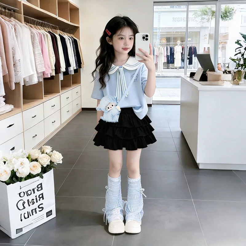 Summer Girls Clothes Child Set Short Sleeve Bow Teen Strip Sailor Collar T Shirt Top + JK Pleated Tutu Skirt 4 8 10 12 Years