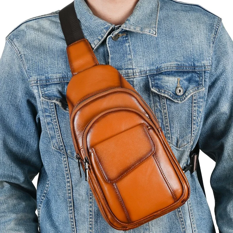 

Genuine leather men's cowhide chest bag high quality cowhide crossbody bag elegant fashion and trendy versatile casual chest bag