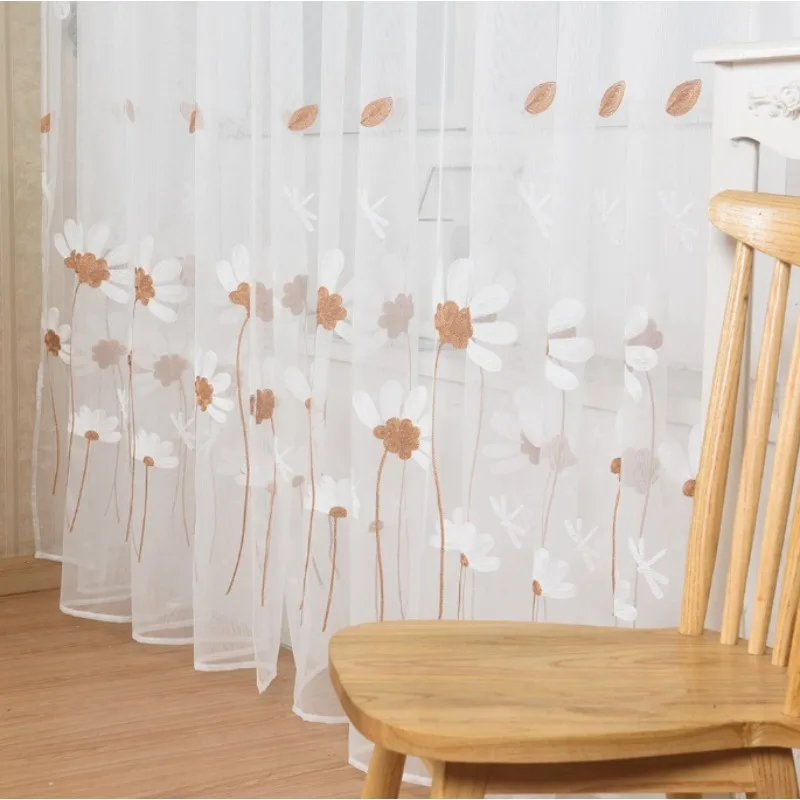 Korean Gentle Style Daisy Embroidery Falling Petals Dragonfly Embroidery Gauze Curtains Living Room Bedroom Balcony Curtains