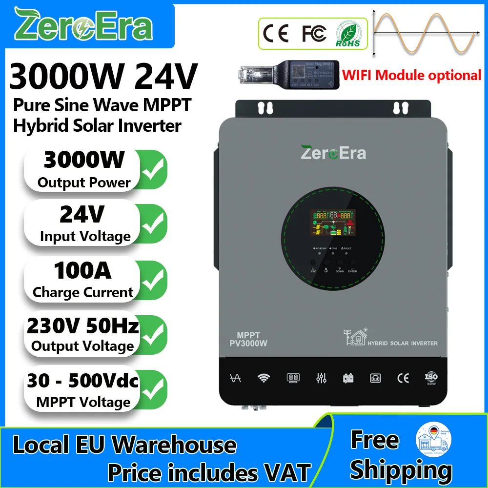 ZeroEra Inverter Solare Ibrido 24V 3000W a Onda Sinusoidale Pura, Convertitore di Tensione da DC a 230V AC 50Hz, Funzionamento Senza Batteria, Off-Grid e On-Grid, MPPT Integrato 100A, Monitoraggio