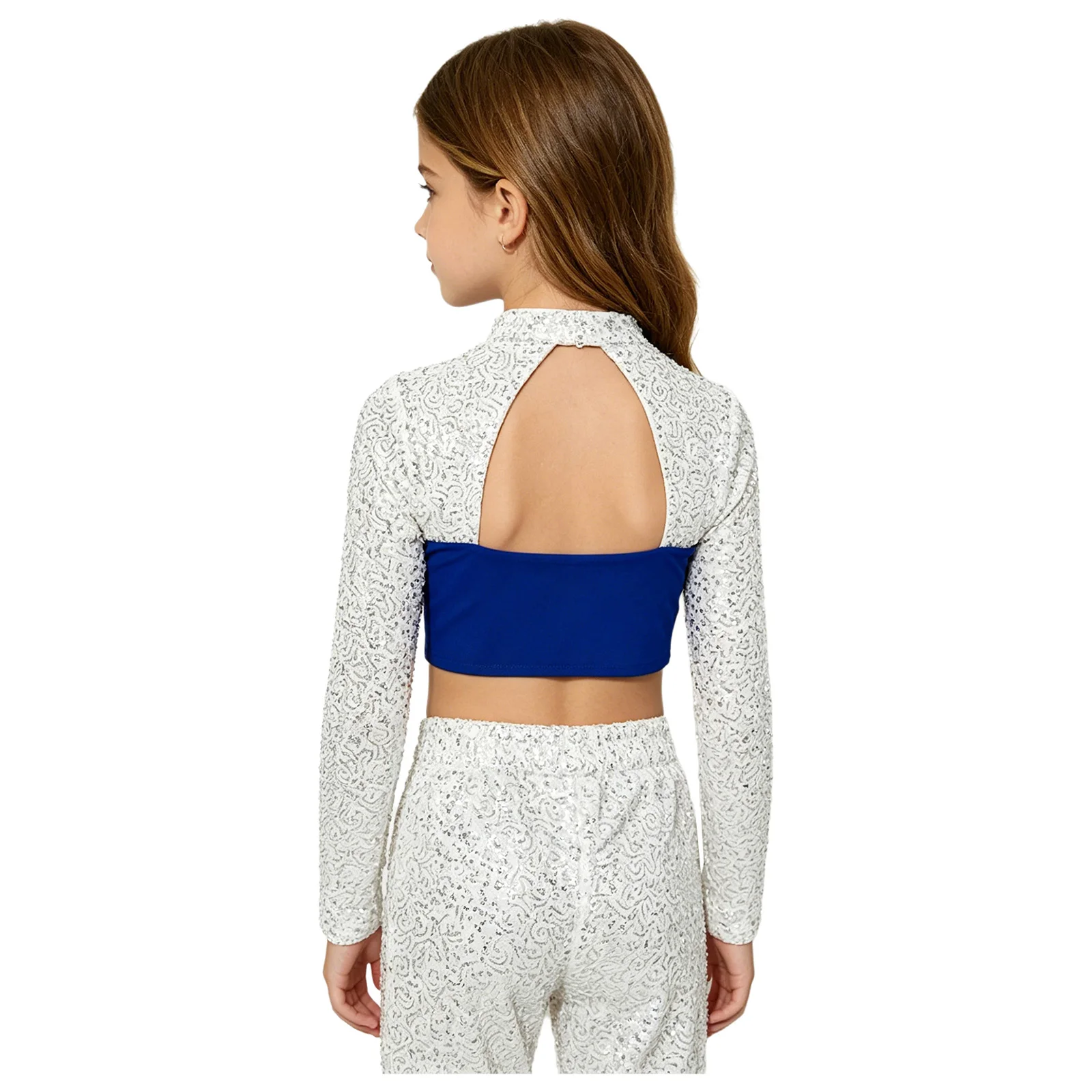 Teen Girls Modern Jazz Ballet Dance Tops Figure Skating Gymnastics Cheerleading Costume Long Sleeve Sparkly Sequins Crop Top