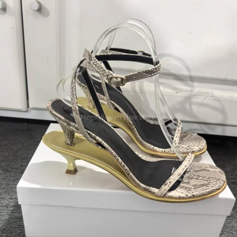 Narrow Band Stiletto Strange Heels Designer Sandals Women Snake Skin Pattern Ankle Strap Sandal Genuine Leather High-End Shoes