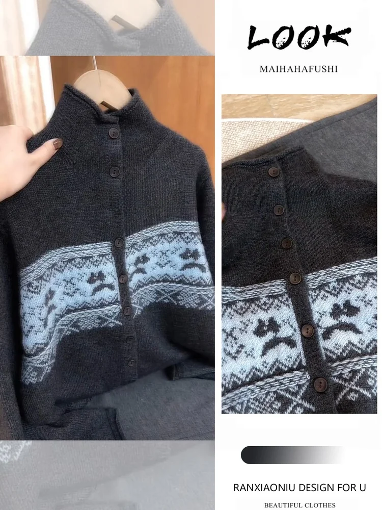 

Женский вязаный комплект с высоким воротником: винтажный свободный повседневный кардиган с цветочным узором и одной пуговицей, длинный рукав, зимний наряд