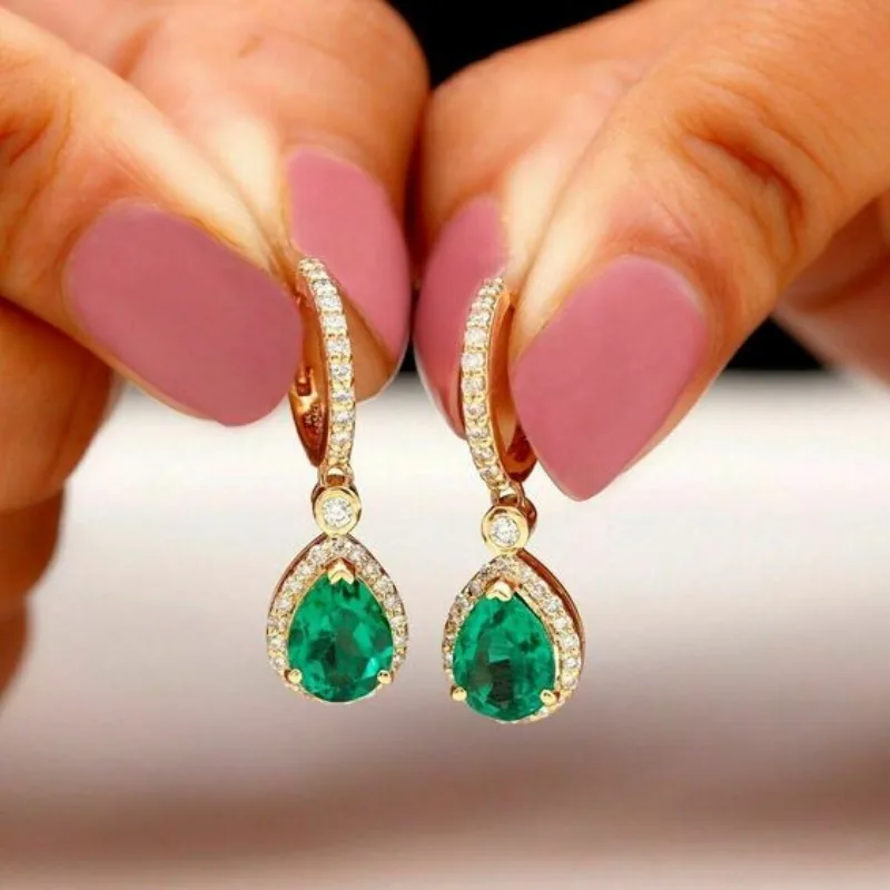 Luxury Water Droplet Inlaid Green White Zircon Earrings Exquisite Fashion Gold Color Metal Engagement Wedding Dangle Earrings