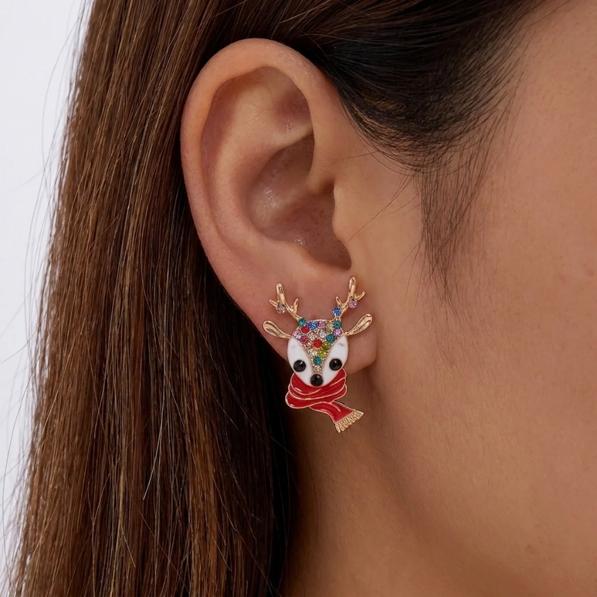 Weihnachtliche Zierliche Ohrringe mit Rotem Schal und Hirschmotiv für Damen, Bunte Strass-Rentier-Elch-Tier-Ohrringe, Neujahrs-Schmuck – Detail 5