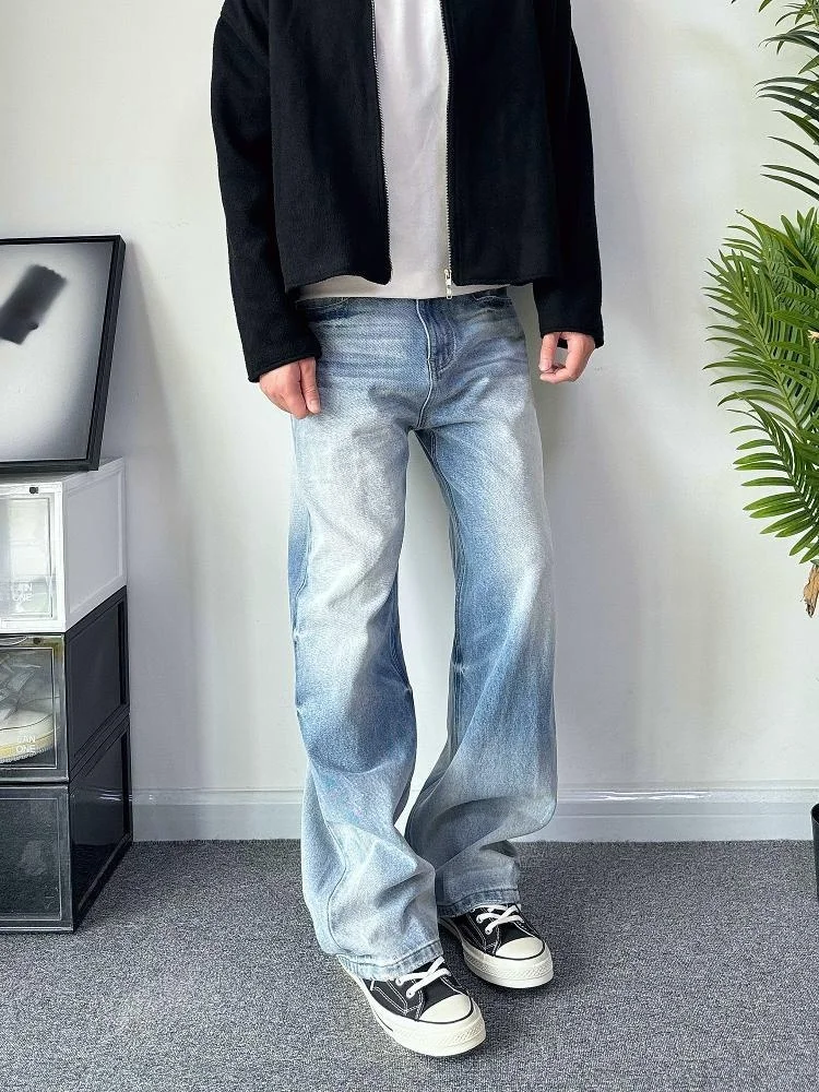 

Retro Washed American 05 Bull King A-Line Wide Leg Straight Cut Blue Jeans Men Loose Fit Denim Pants Youth Trend Wear Resistant