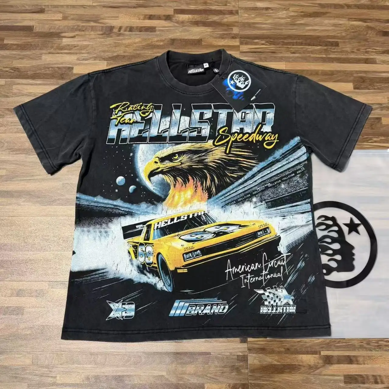 Vintage Washed Cotton T-Shirt Racing Car Print Loose Fit Short Sleeve round Neck Youthful Street Style Retro High Street T-Shirt