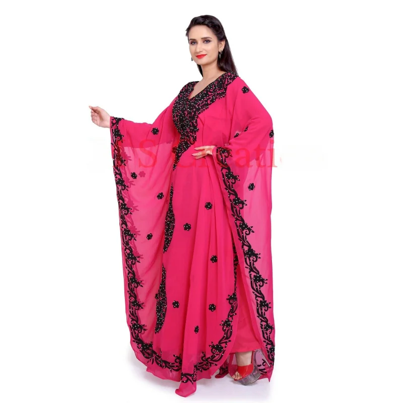 Rose Pink Moroccan Dubai Kaftane Abaya Dress Very Costume Long Evening Dress Trends In Europe and America