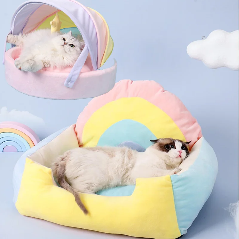 Cat House Bed Cute Cat Bed Rainbow Tent Pet Dog Sleeping Pad Winter Warm Deep Sleep Cat Nest Comfortable Breathable Cat House