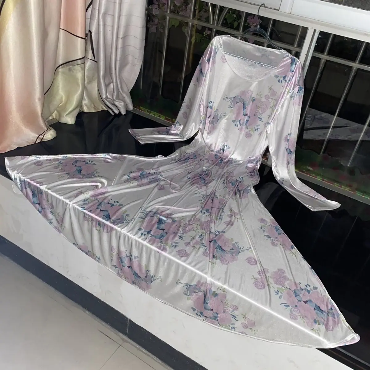 Floral Print Glossy Sexy Women Satin Long Dress Long Sleeve Loose Night Dress Plus Size Sleeping Robe