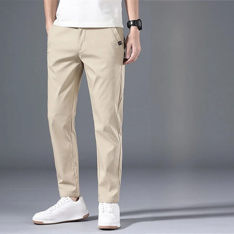 กางเกงขายาวผู้ชายผ้าไอซ์ซิลค์สำหรับฤดูร้อน ทรงตรง บางเฉียบ สไตล์ลำลอง แฟชั่นสำหรับวัยรุ่น แห้งเร็ว
