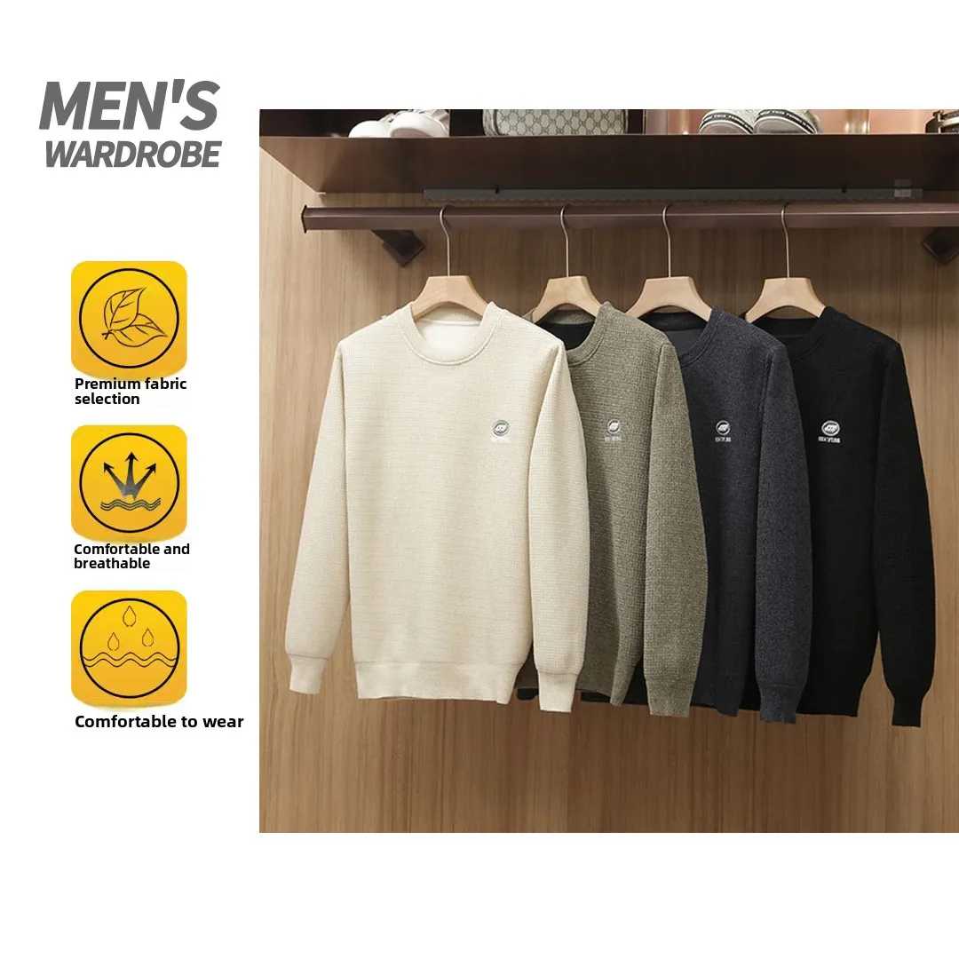 

Men's Warm Knitted Sweater round Ne Pullover Fce Lined Embroidered Velvet Anti-Pilling Winter Faion Ci Sle