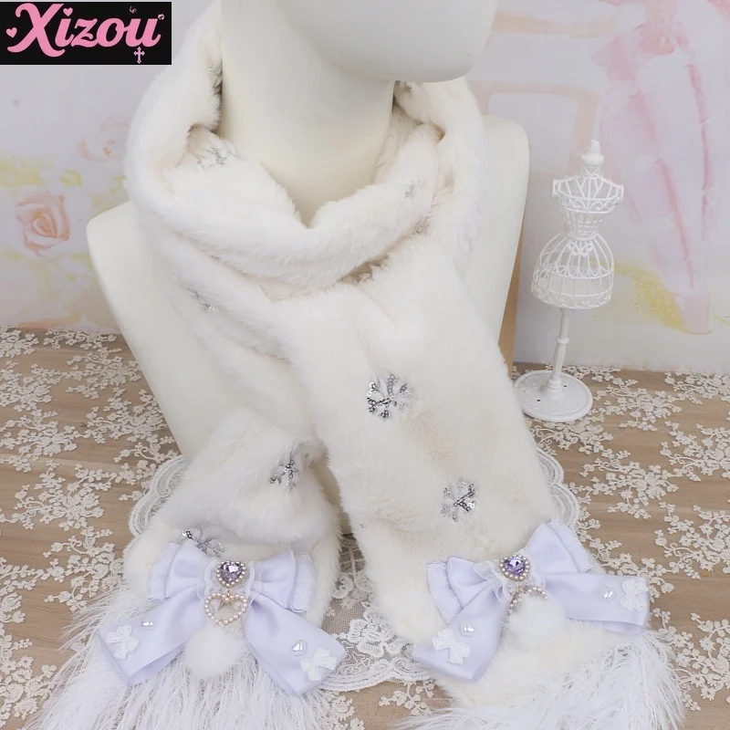 Handgemaakte Japanse dames Sweet Lolita massaproductie boog haarbal liefde kant rand pluizige sjaal warme sjaal winter zacht meisje