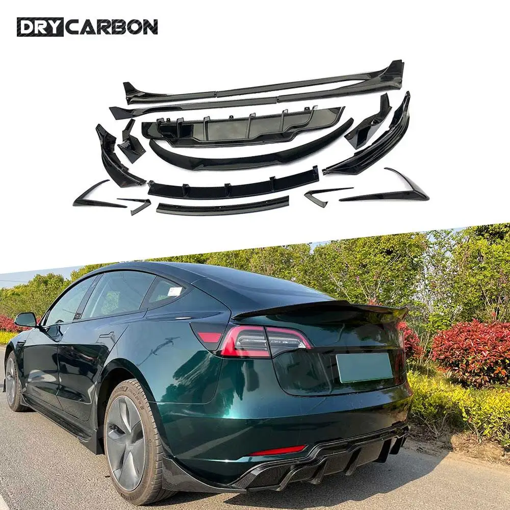 

for Tesla Model 3 Carbon Fiber Car Bodykit Front Bumper Lip Rear Diffuser Side Skirts Rocker Panels Rear Spoiler ABS Accessory