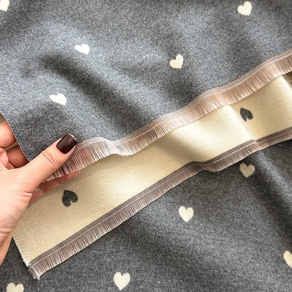 New Double-Sided Winter Scarf Heart-shaped Polka Dots Soft Faux Cashmere Scarf Warm Shawl Wrap For Women