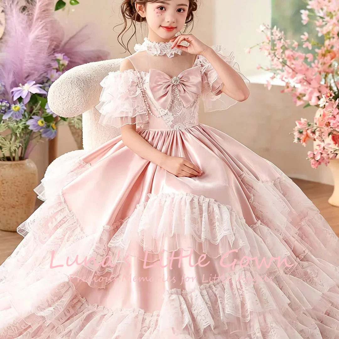 

Luxury Rhinestone Bow Lace Applique Flower Girl Dress Floor Length Voluminous Satin Skirt Kids Pageant Formal Gown Customized