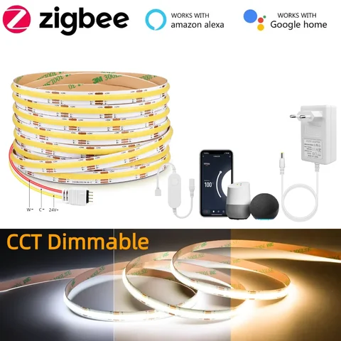 Zigbee 3.0 Smart WiFi CCT COB Strip Light 2700K-6500K Dimmable 608LED/M Work With Zigbee Hub Gateway Alexa Google Home APP Voice