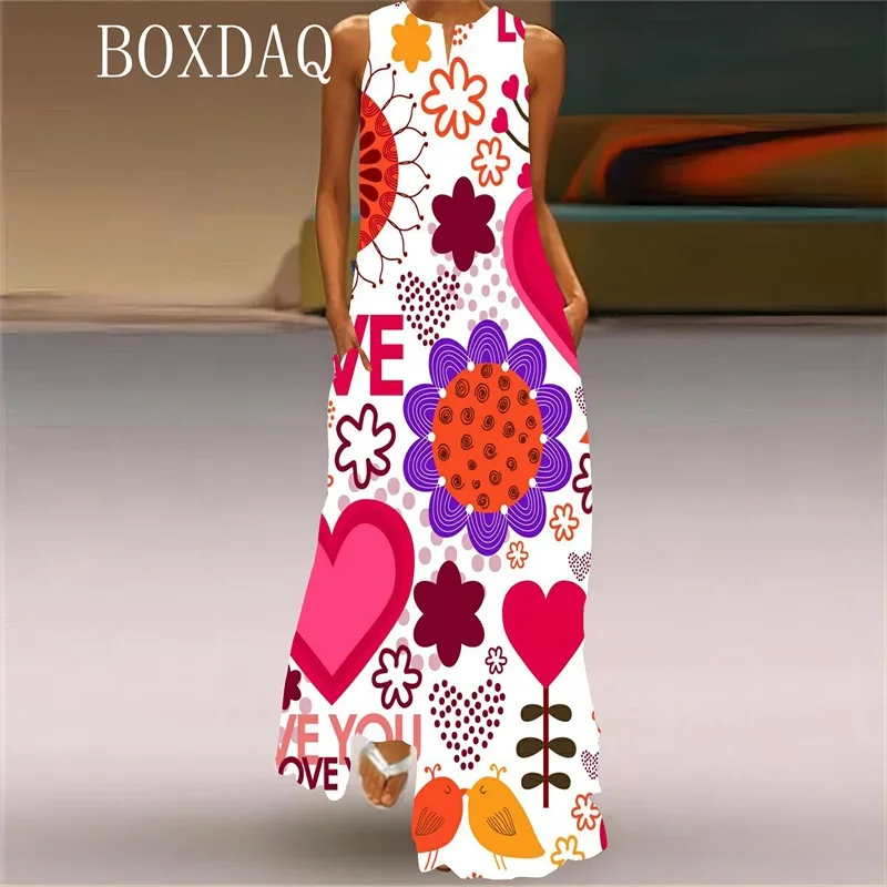 2025 New Spring Summer Sleeveless Women Dress Gradient Letter Love Pattern Printed Long Dress Casual Valentine's Day Party Dress