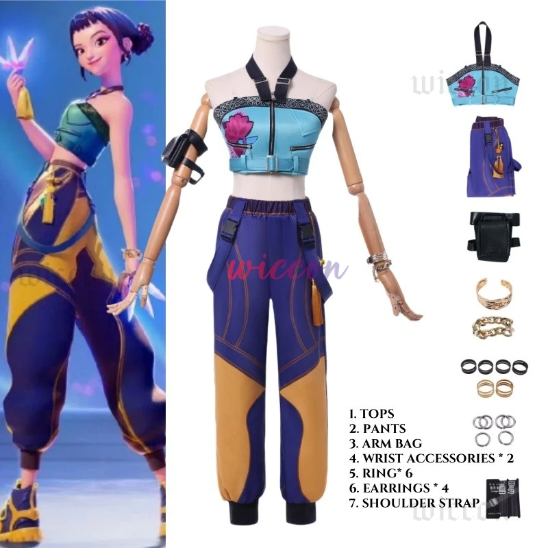 

KPOP Huntrix Zoey Cosplay Costume Wig Rumi Mira Stage Uniform Top Earrings Superstar Demon Hunters Girl Women Set Halloween Suit