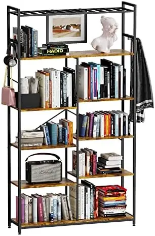 

Bookshelf, 6 Tier Bookcase with 6 Hooks, Book for Bedroom, Living Room, Kitchen, Study and Home Office Wire hangers Bag hanger