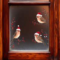 1Set Three Birds in Santa Hats Christmas Red Berry Branches Decorative Wall Stickers Self-adhesive Universal Window Vinyl Decals