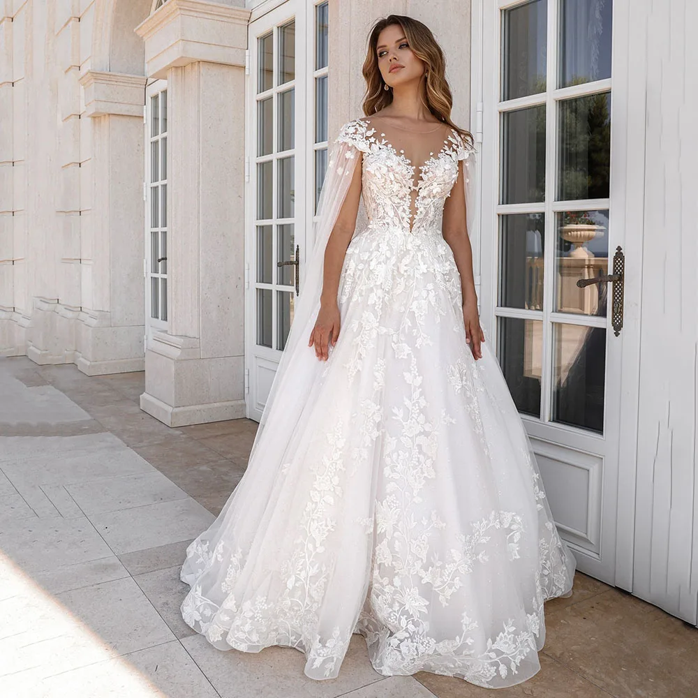 Luxury Boho Wedding Dress with Lace Cape 2025 A-Line Bride Dress Customized Elegant Off-Shoulder Princess Women Bridal Gown