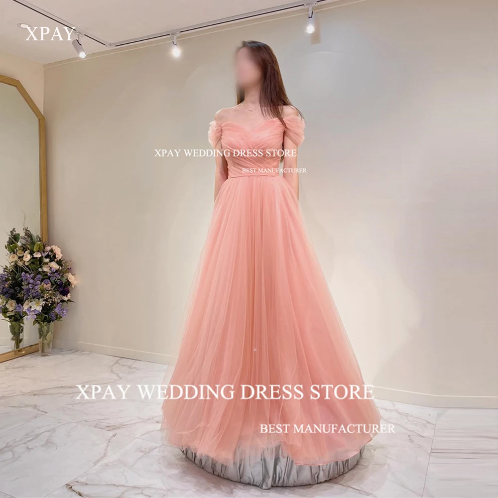 

XPAY Fairy Blush Pink Tulle Evening Dresses For Wedding Party Off the Shoulder Sleeves Prom Gowns Photo shoot Lace Up Back