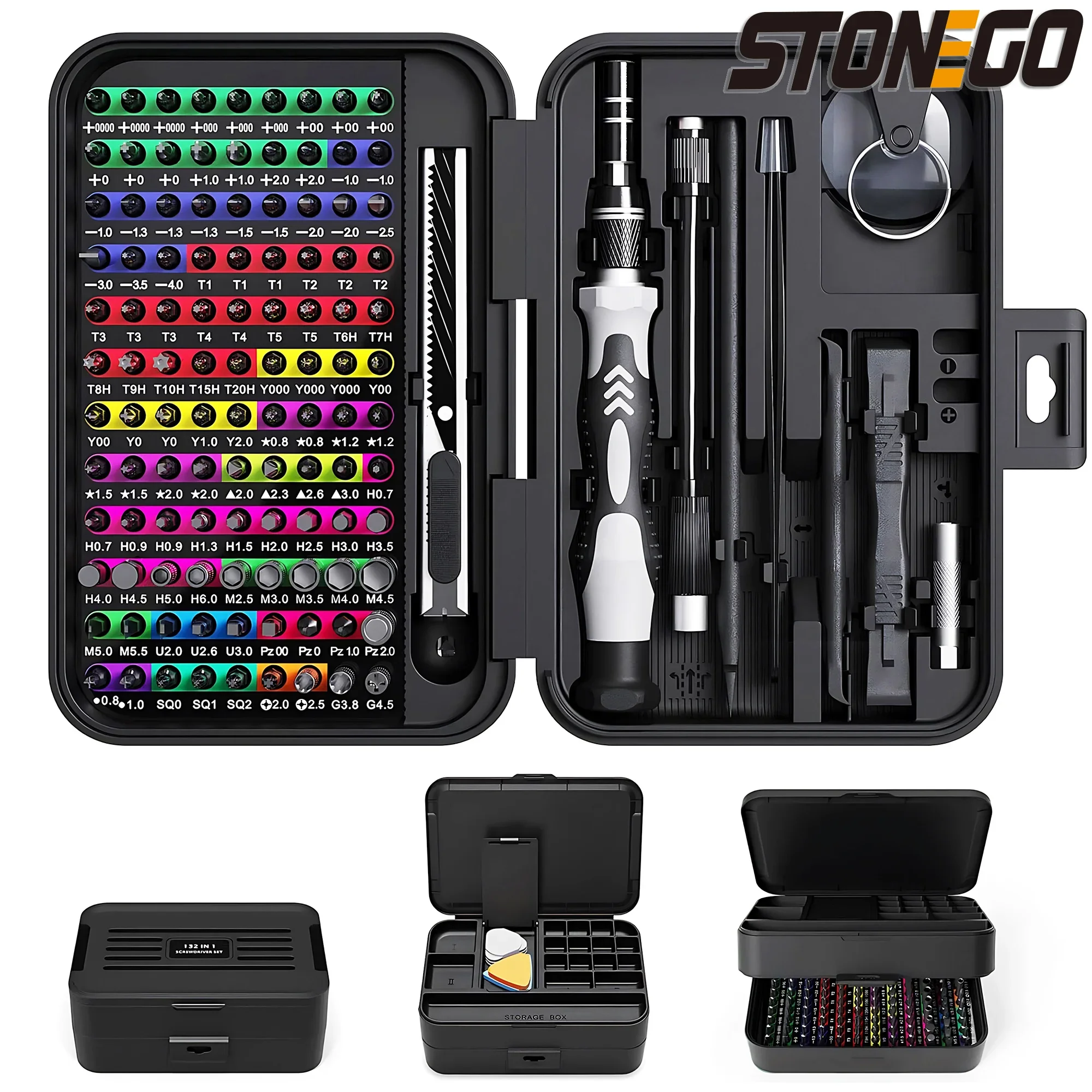 STONEGO 132 in 1 mini-precisieschroevendraaierset met kleurgecodeerde identificatie, 108 bits, magnetisch reparatiegereedschap met opbergdoos