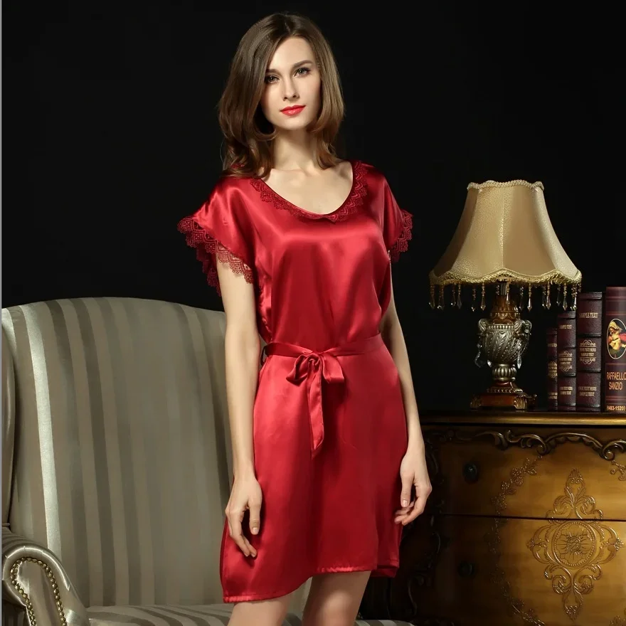 100% Mulberry Silk Plus Size Women Nightgown Sexy Lingerie Night Dress Short Sleeve Sleepwear Lace-up Chemise Sleepshirt Pajama