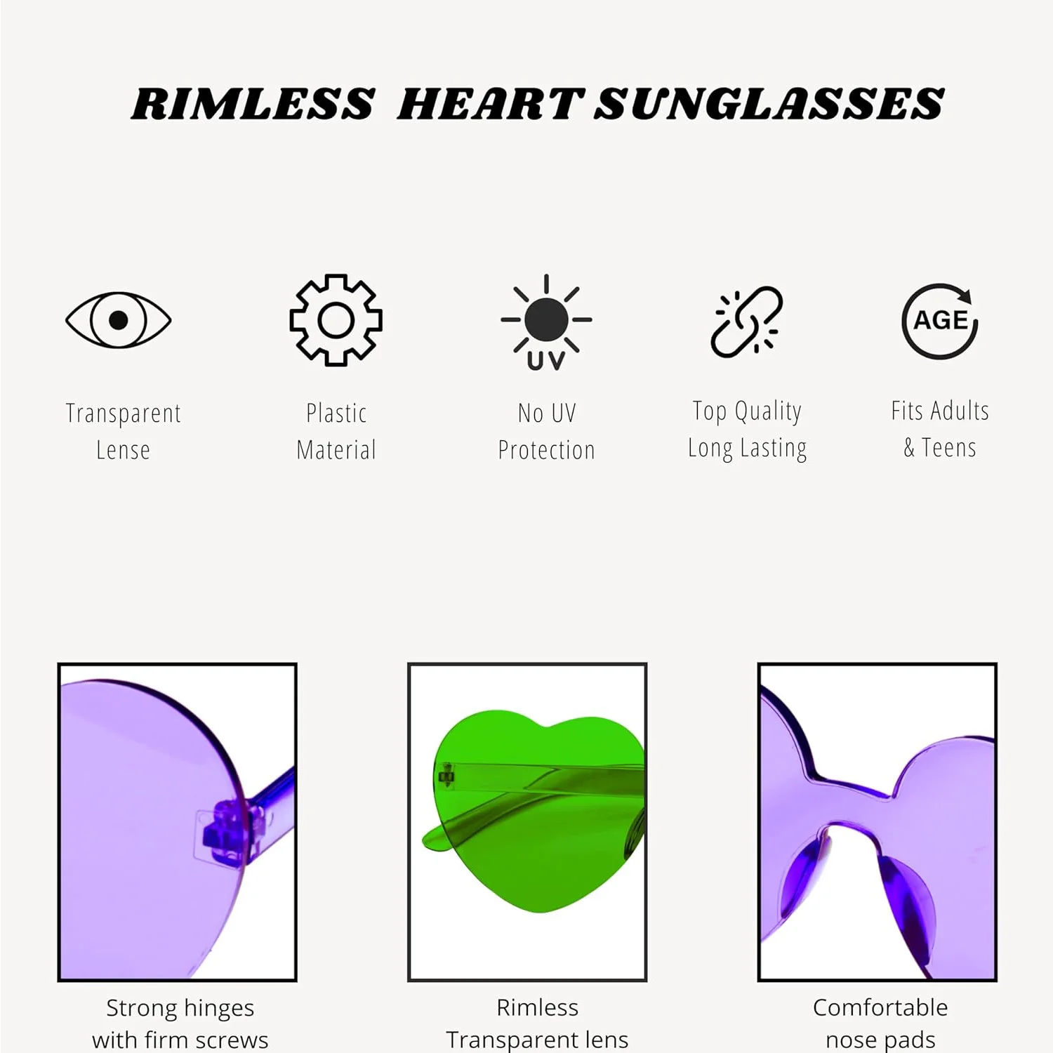 2 Pcs Mardi Gras Heart Shaped Sunglasses for Women - Trendy Rimless Glasses for Women & Men Party Outfit Accessories