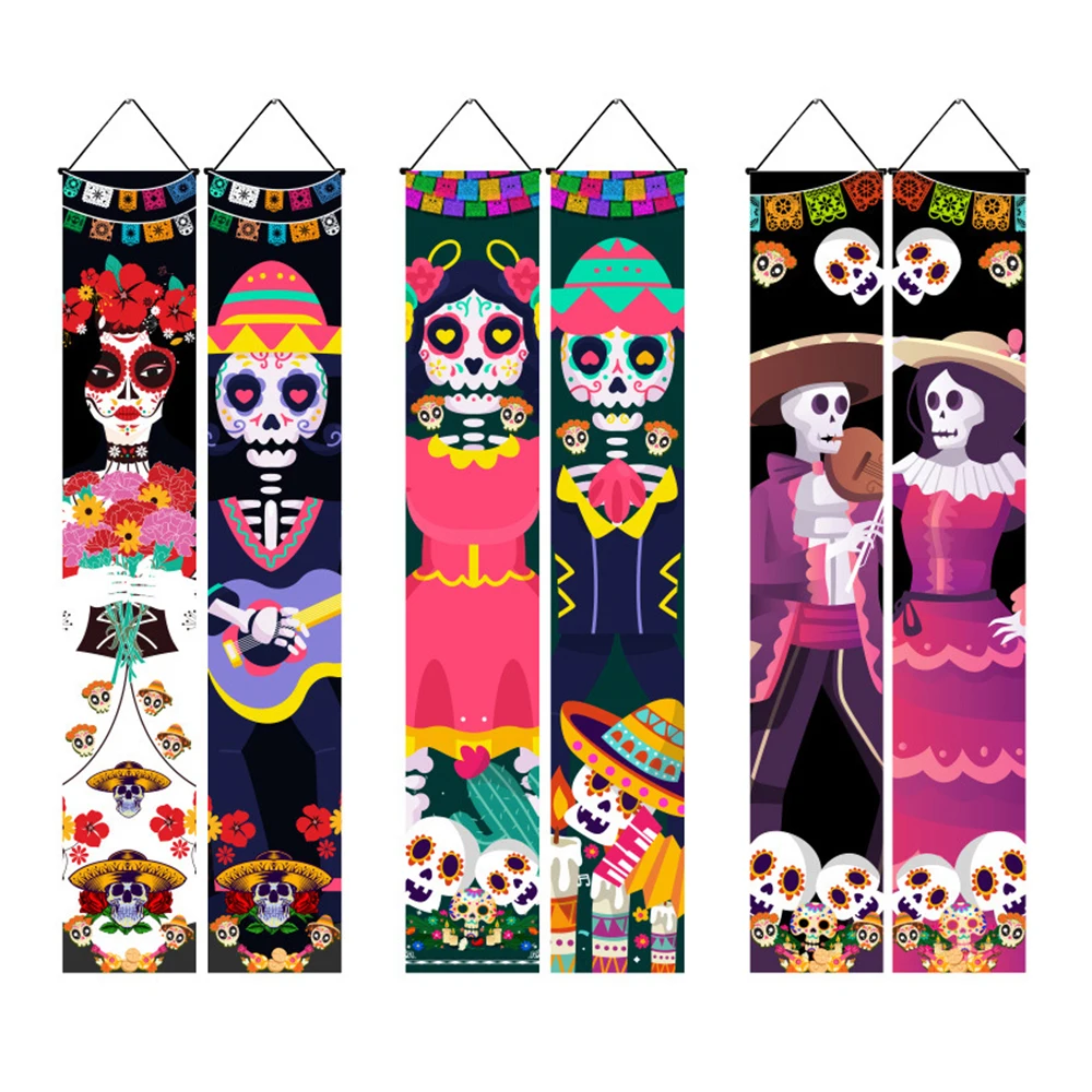 Mexican Day of the Dead flag Hanging Outdoors Hanging Porch Sign Halloween Scary Ghost Decorative Props Home Decor 180*30cm