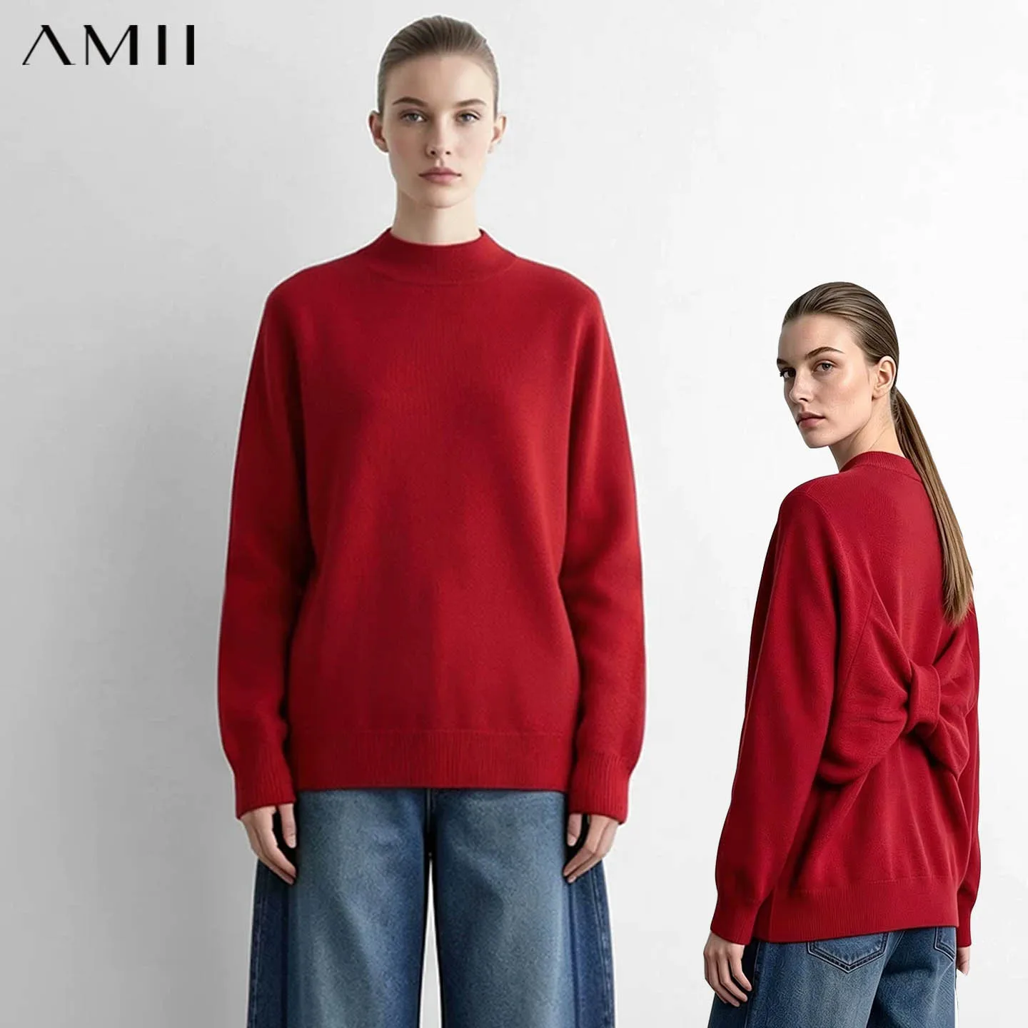 Amii Mock Neck Sweater Long Sleeve Pullover Casual Bow Elegant Knit Tops Versatile 2026 Winter Christmas Woman Clothing 12653019