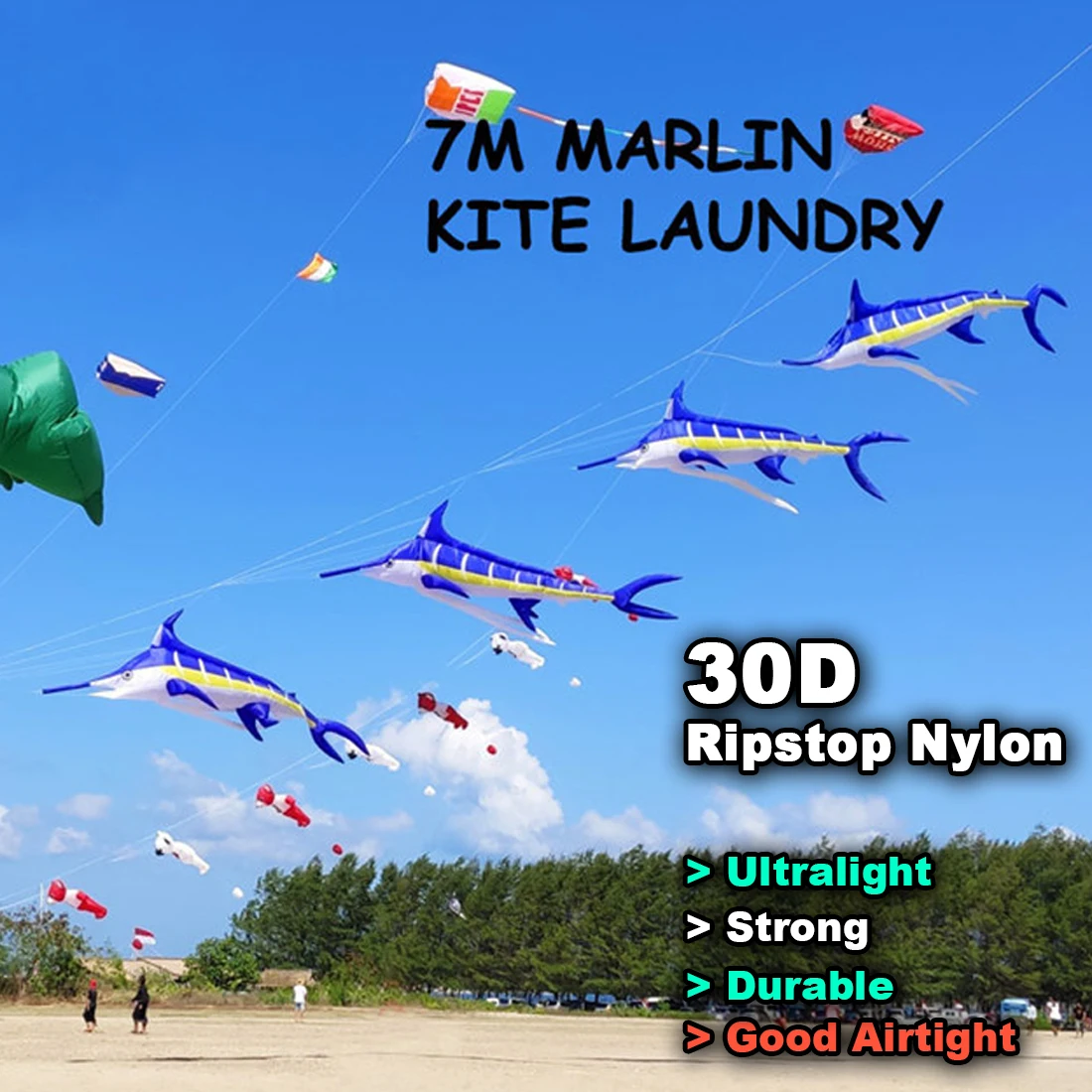 9KM 7m Marlin Fish Kite Line Laundry Kite Soft Inflatable 30D Ripstop Nylon with Bag for Kite Festival (Accept wholesale)