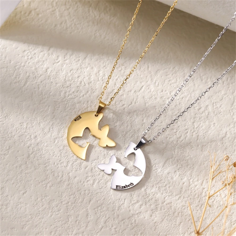 2pcs/lot Cute Accessories Butterfly Puzzle Custom Best Friends Name Necklace Sets Engraved Date Personalized Kolye For Sister