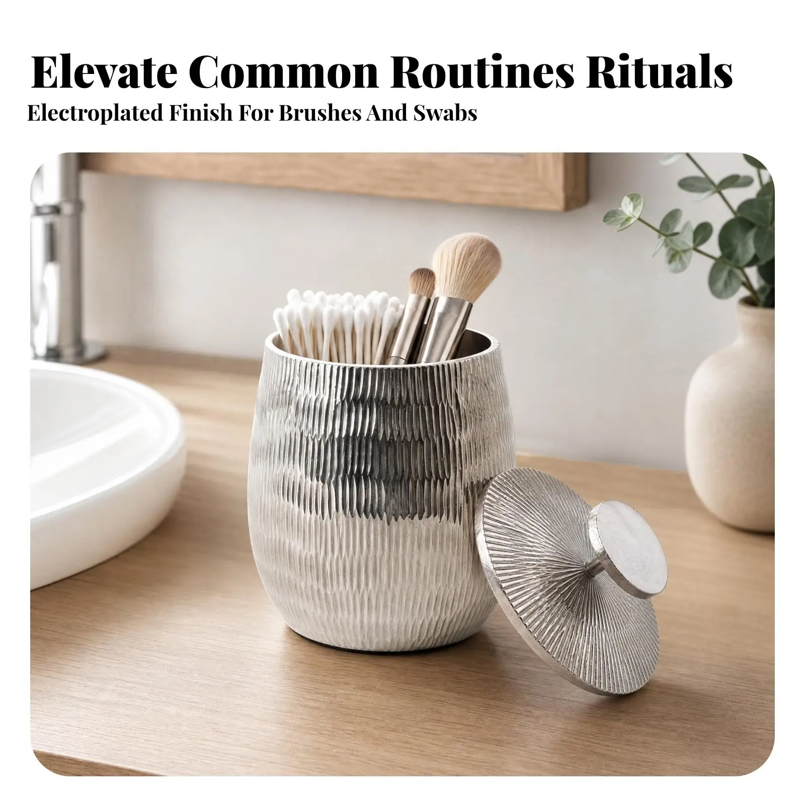 Ribbed Aluminum Storage Container with Airtight Lid for Bathroom Cosmetic Cotton Swab Holder