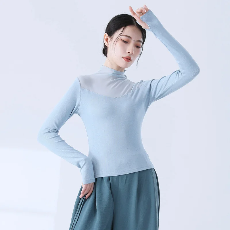 Women Modern Dance Practice Clothing Mesh High Neck Stylish Costume Finger Sleeves Design Solid Clothes Elegant Pretty Yoga Tops