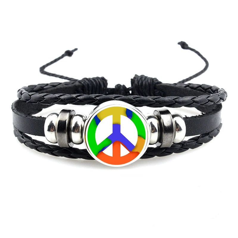 Pulsera de cuero con logotipo de la paz, brazalete con símbolo de la paz, Estilo Vintage