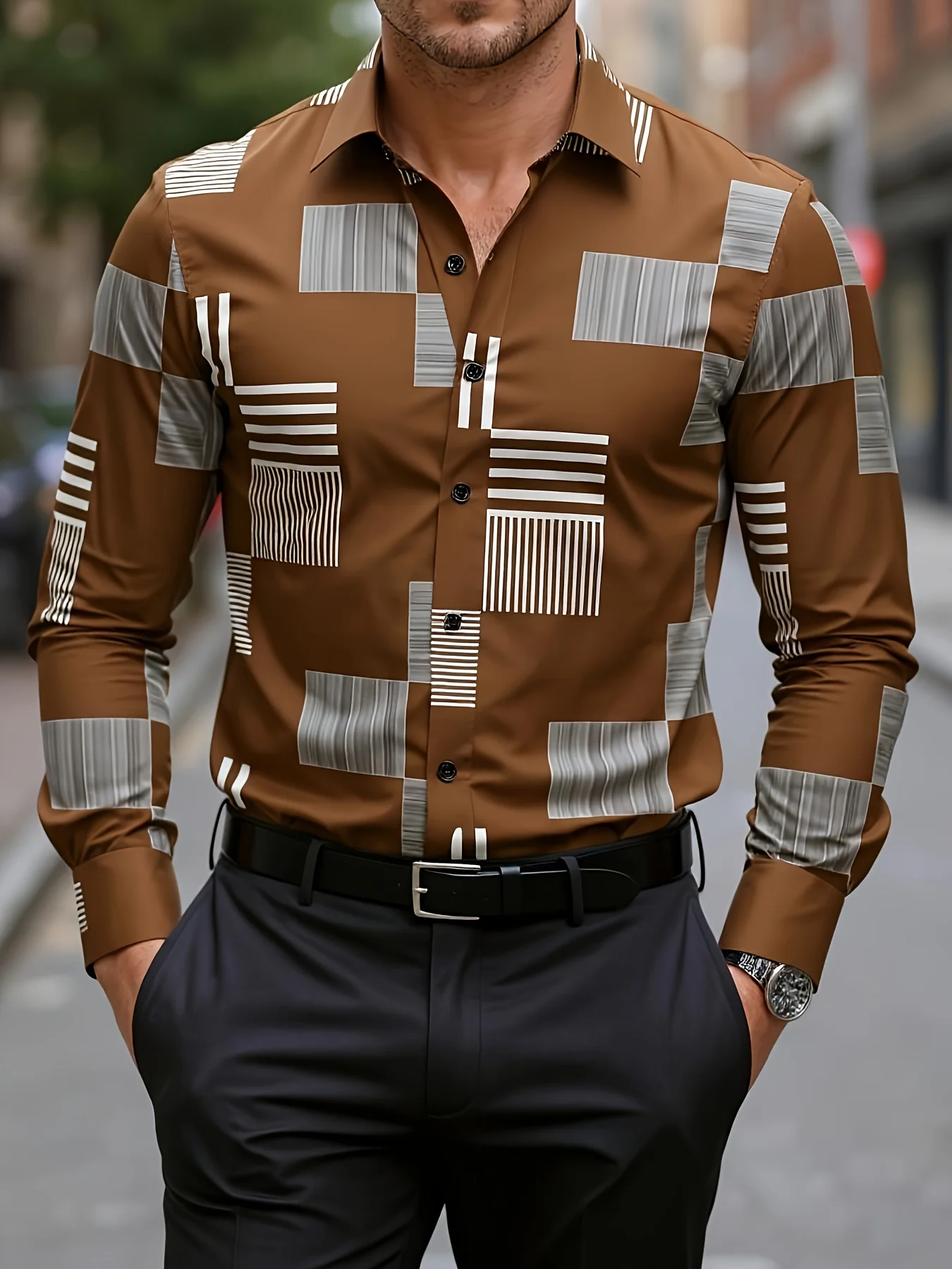 

2025Мужская полосатая рубашка с длинным рукавом с художественным принтом, повседневная облегающая уличная одежда, стильная рубашка с принтом, удобная верхняя блузка для мужчин