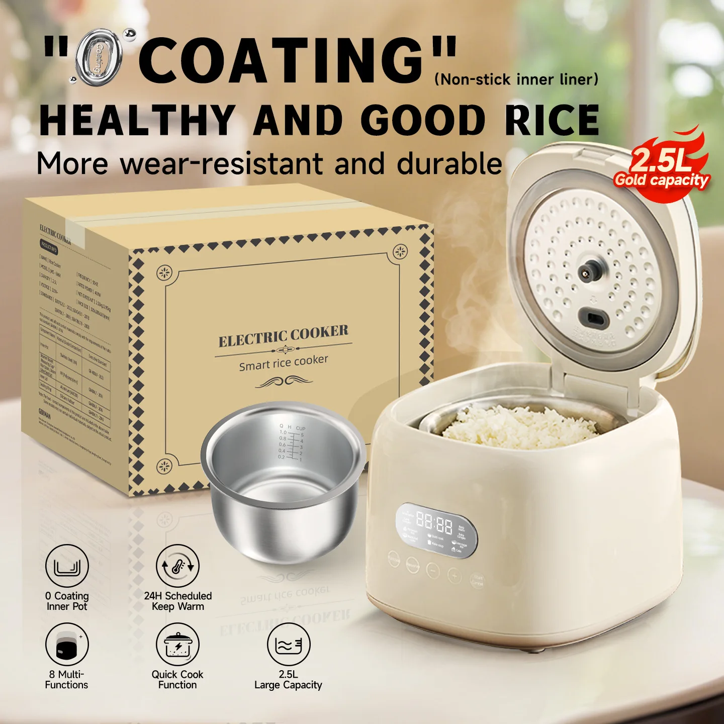 2.5L Smart Rice Cooker 8-Intelligent Programme 400W Multicooker Low Sugar Rice Cooker 24H Timer Keep-Warm Electric Rice Cooker