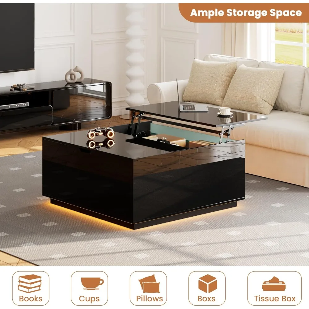 収納付き光沢のあるコーヒーテーブル、LEDとフリップリッド付きの黒い正方形リフトトップコーヒーテーブル、リビ用の小型モダンコーヒーテーブル