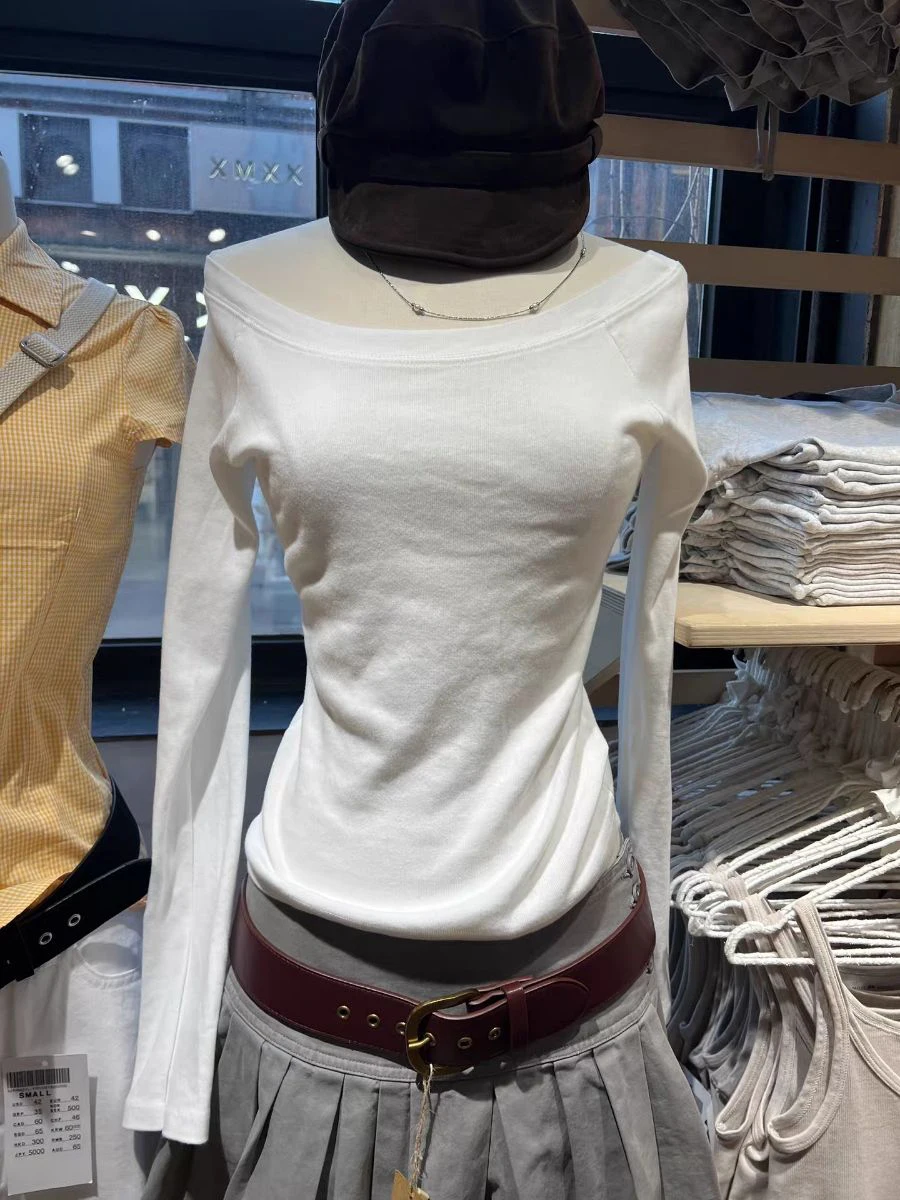 Solid Simple Cotton Long Sleeve T-shirts Woman Autumn Scoop Neck Slim Tshirts Female Casual All-match Sweet Basic Tee Tops New
