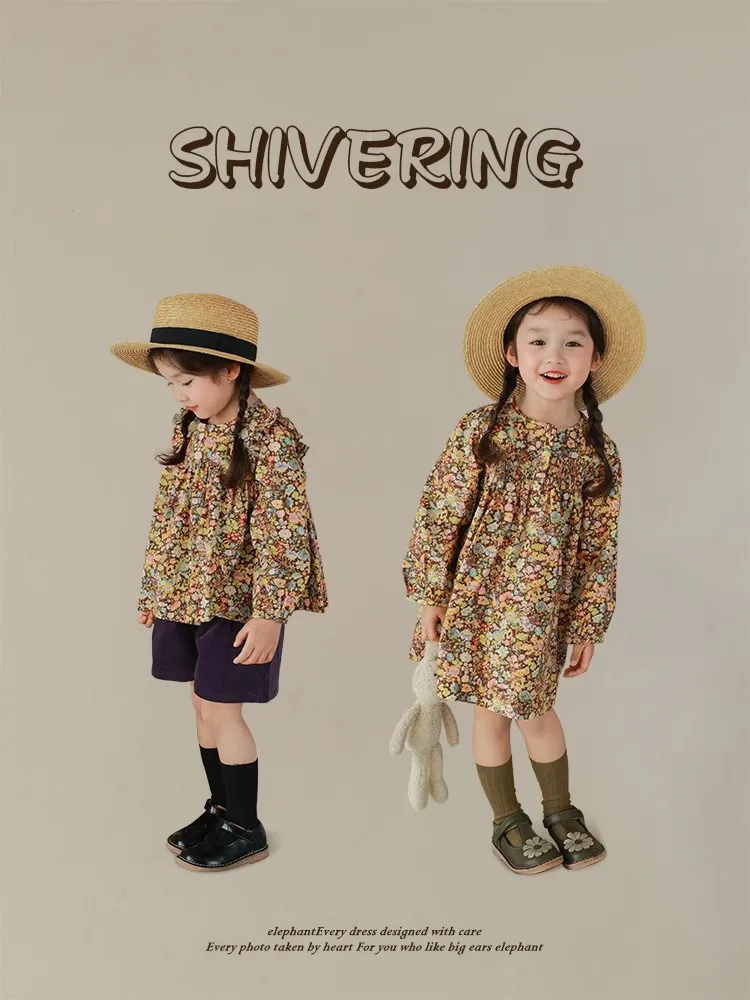 

2024 Retro Floral Girls Princess Dress Korean Fashion Long Sleeves Baby Girl New Top Flower Printed Casual Clothing for Children