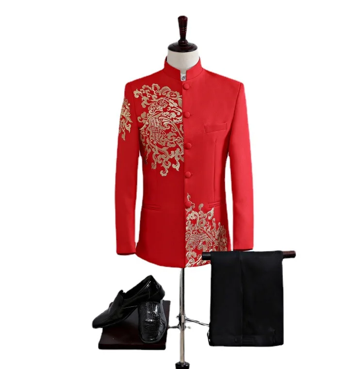 

Embroidered stand-up collar groom Chinese dress Xiuhe suit groom toast suit red Zhongshan suit male host performance suit