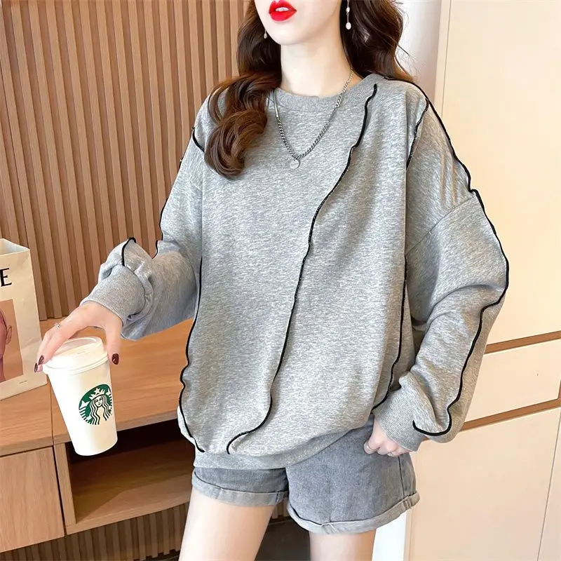 Korean Fashion Spring Autumn Women\'s Solid O-Neck Three-dimensional Decoration Streetwear Casual Long Sleeve Sweatshirts Tops