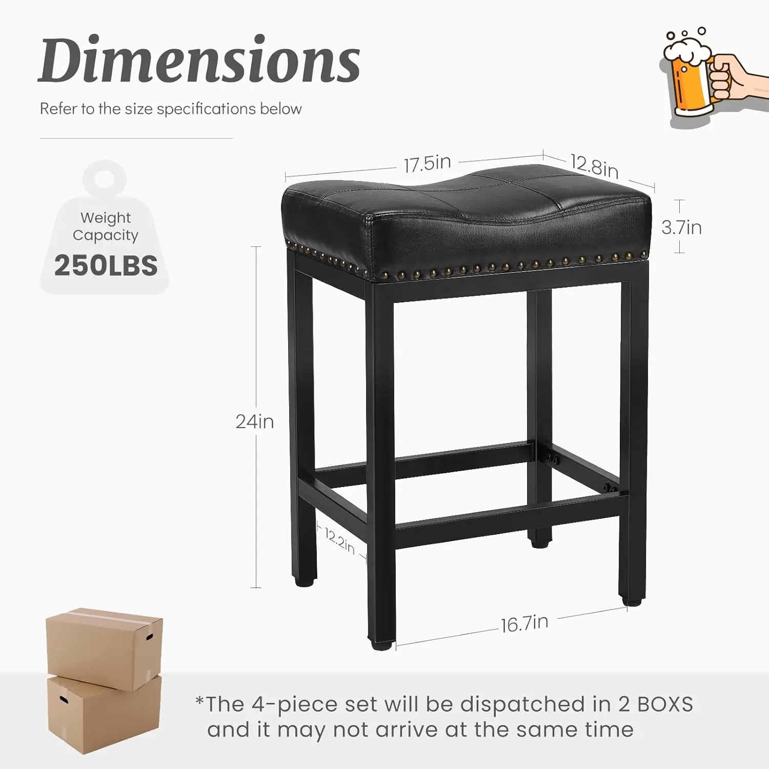 Saddle Bar Stools Set of 2, 24 Inch Counter Height Stools with Curved PU Leather Surface, 3.7" Thick Upholstery Bar Height