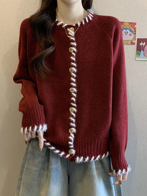 

Красный осенний свободный трикотаж, кардиган, женская модная верхняя одежда, утягивающий топ на пуговицах, китайский знак зодиака, серия Year