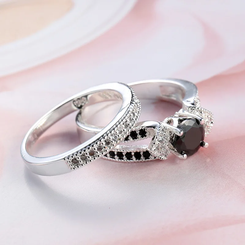 Fashion Black Zircon Couple Rings Set Sterling Silver Color Wedding Rings For Women And Men 1 Pair Engagement Ring Set Jewelry
