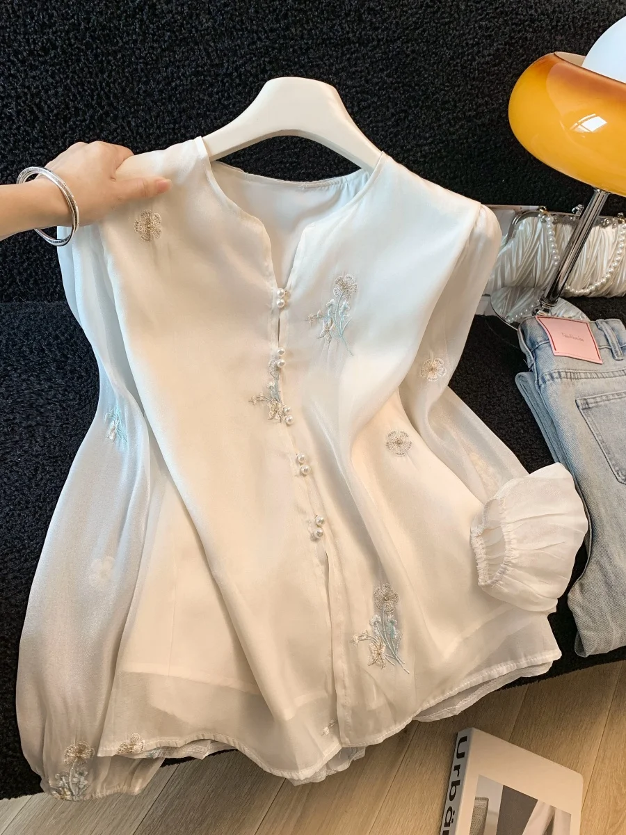 

Элегантная женская шифоновая рубашка в китайском стиле с вышивкой, длинными рукавами, высоким воротником и роскошными пуговицами, модный весенний топ с круглым вырезом