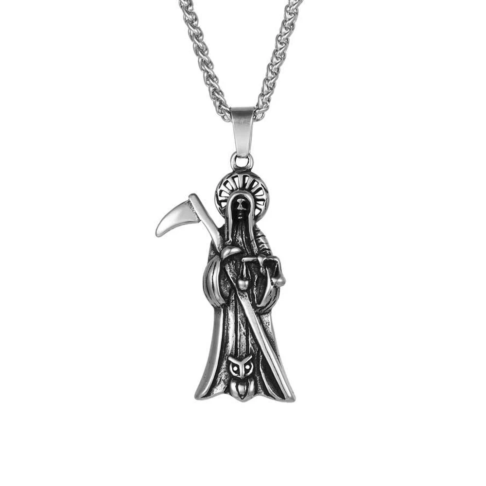 Punk Retro Skull Death Scythe Pendant Gothic Stainless Steel Owl Men\'s Necklace Creative Biker Amulet Jewelry Gifts Wholesale